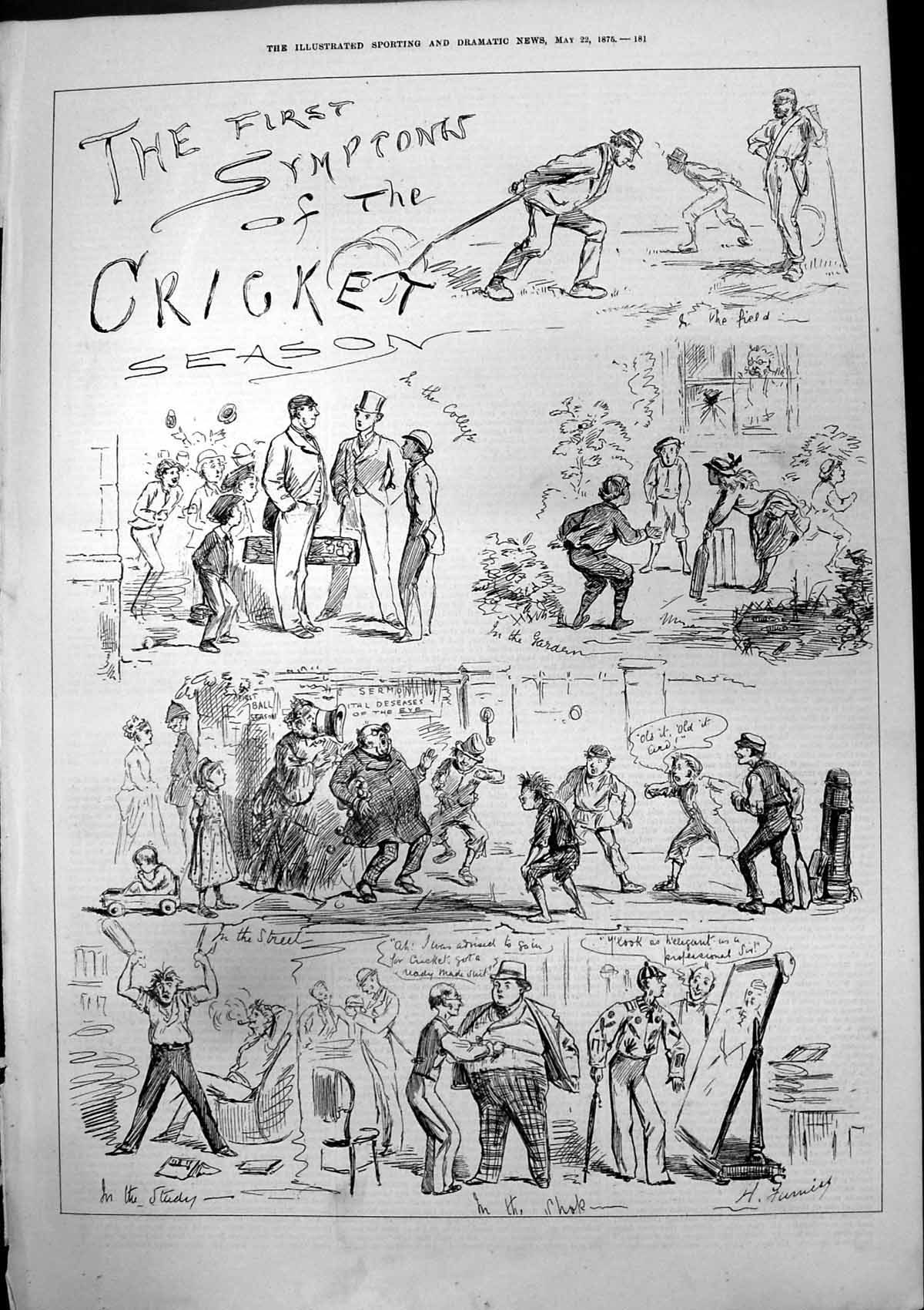 Antique Print First Symptons Cricket Season Field Garden Street Study 1875 19th