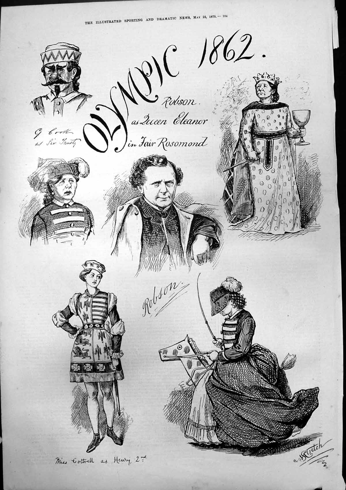Original Old Antique Print Olympic 1862 Robson Queen Eleanor Fair Rosomond 1875