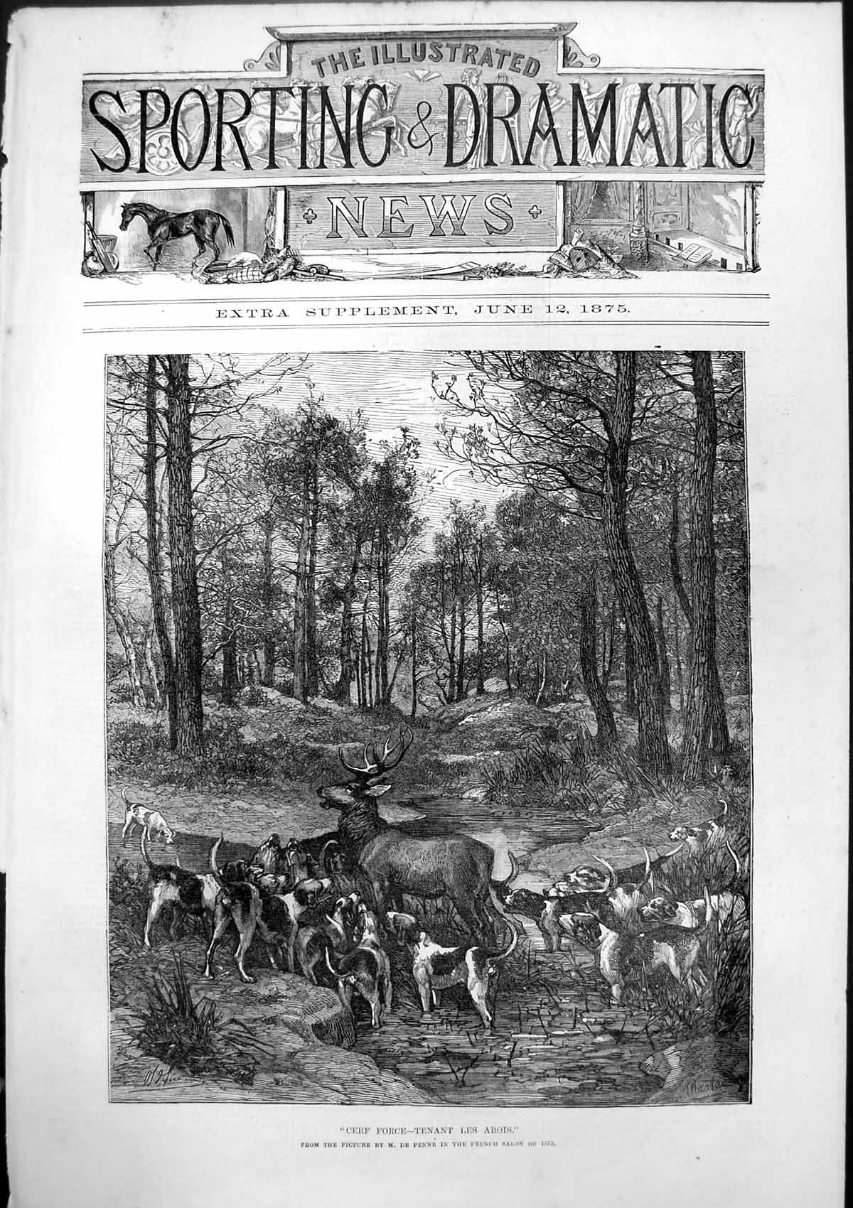 Old Cerf Force Tenant Les Abois M De Penne French Salon Stag Hounds18 Victorian