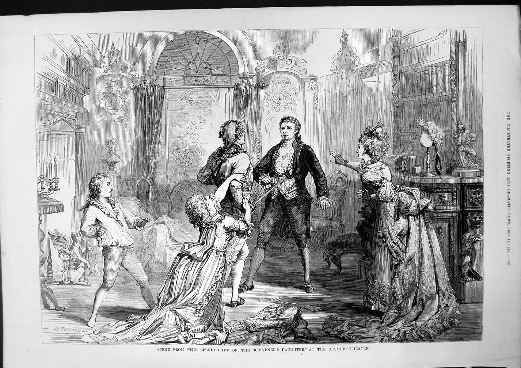 Antique Old Print Scene Spendthrift Scriveners Daughter Olympic Theatre 1875