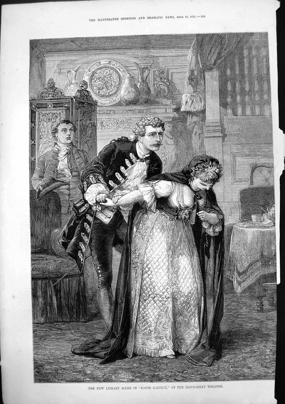 Old Antique Print New Library Scene David Garrick Haymarket Theatre 1875 19th