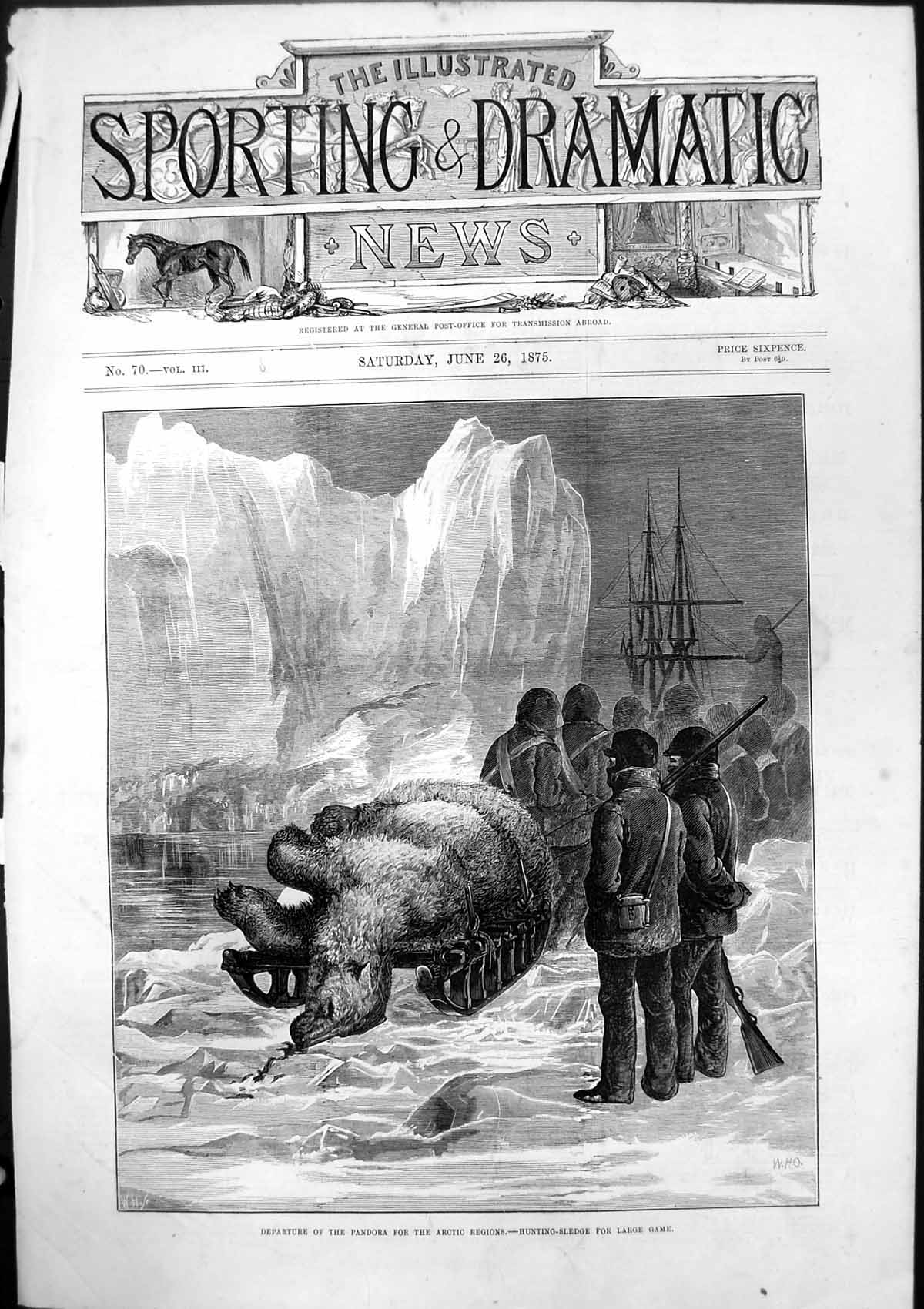 Old Print Departure Pandora Arctic Regions Hunting Sledge Large Game 1875 19th