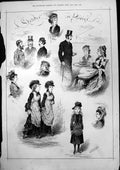 Old Print Sketches At Princes Dower Wilson Ladies Tea Gentlemen Hats 1875 19th