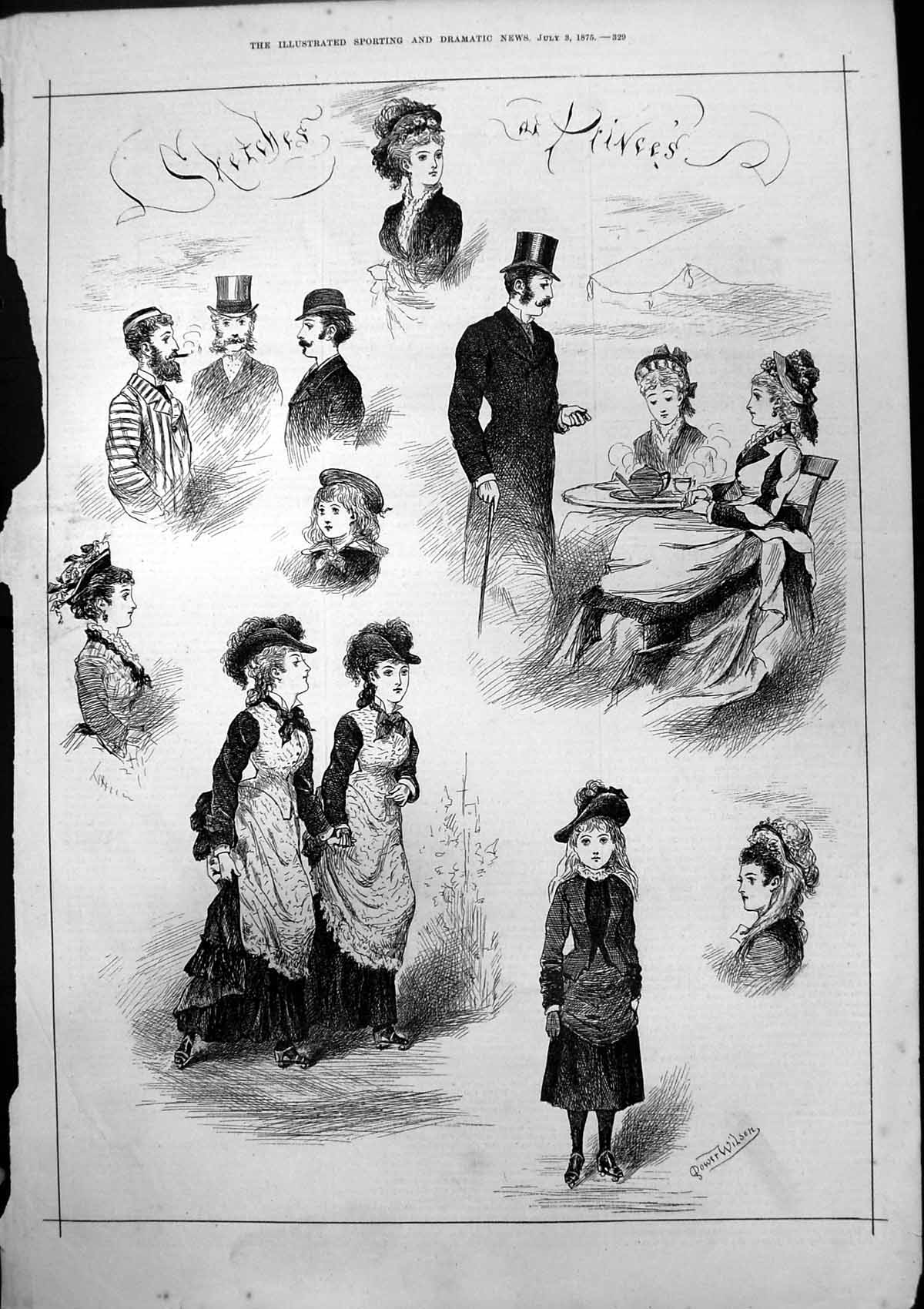Old Print Sketches At Princes Dower Wilson Ladies Tea Gentlemen Hats 1875 19th
