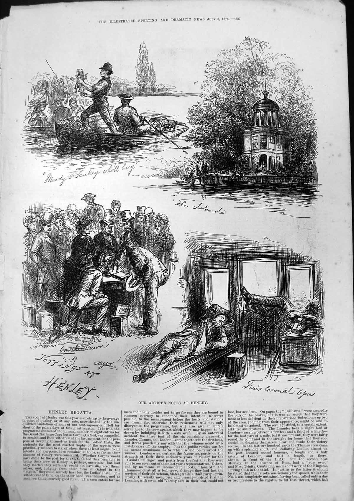 Original Old Antique Print Notes Henley Regatta On Pawn Island Boats 1875 19th