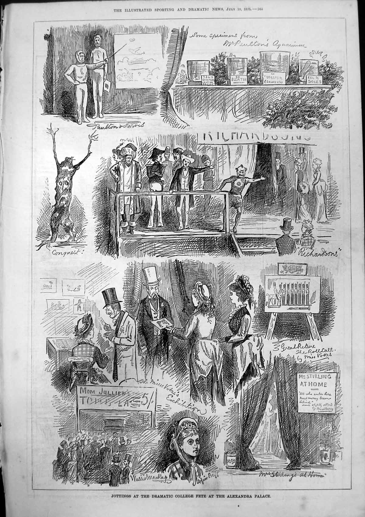 Original Old Antique Print Jottings Dramatic College Fete Alexandra Palace 1875