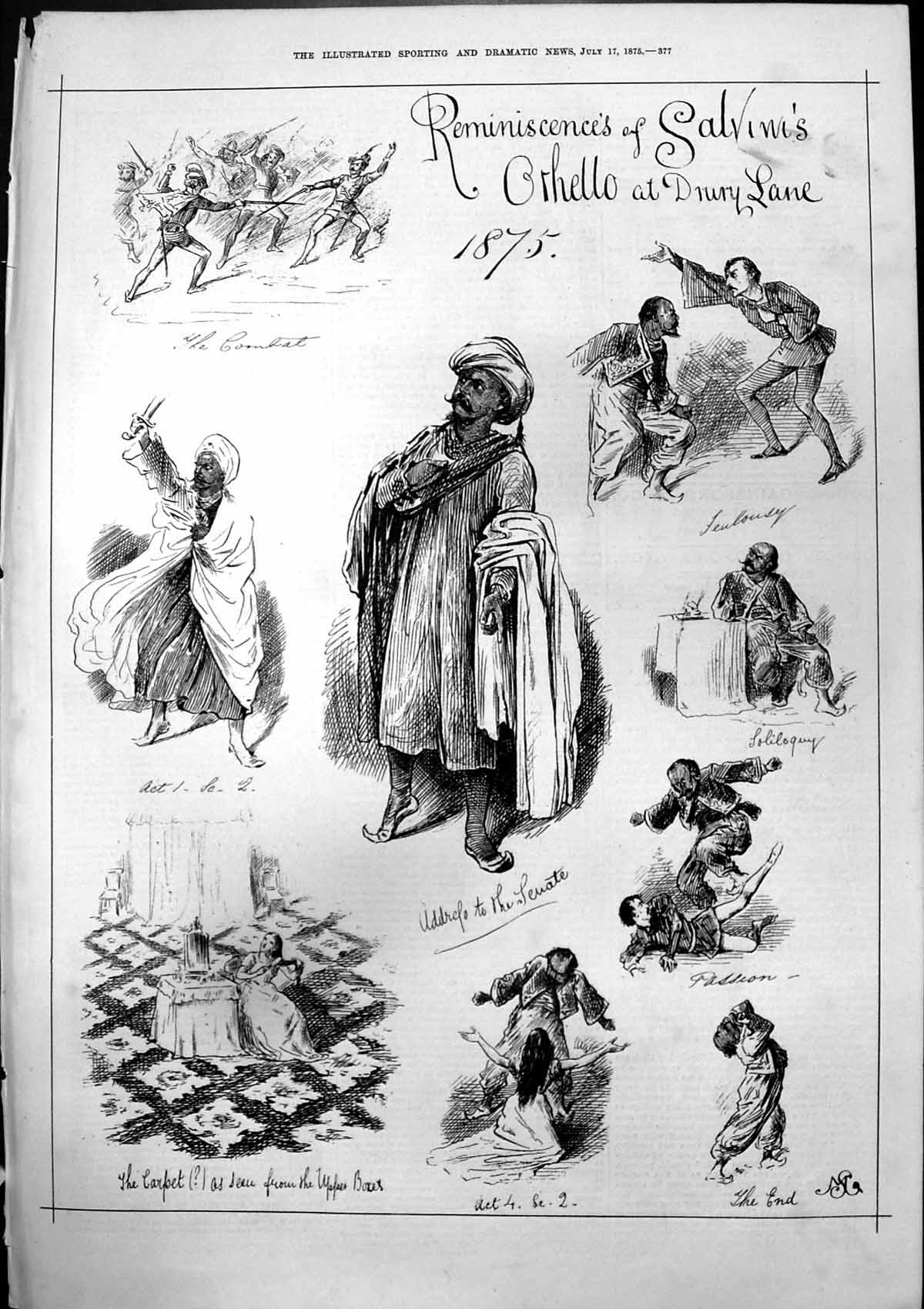 Antique Old Print Reminiscences Salvims Othello Drury Lane Combat Senate 1875