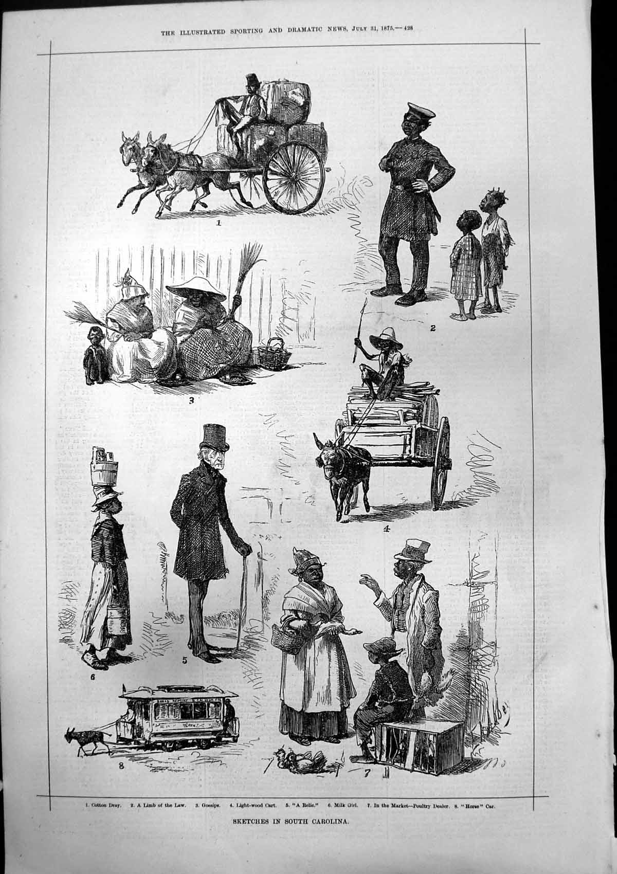Old Sketches South Carolina Cotton Dray Milk Girl Poultry Dealer 1875 Victorian