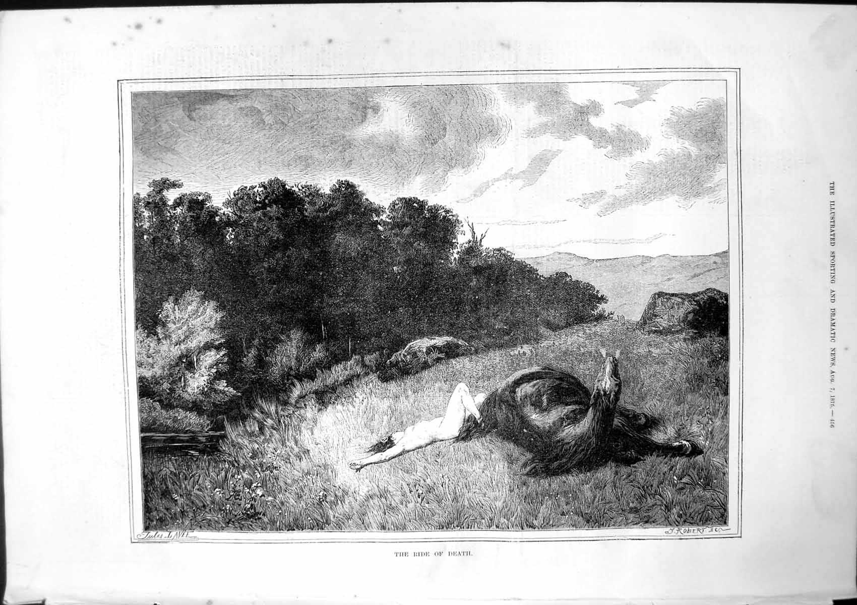 Antique Old Print Ride Death T Robertson Horse Fallen Naked Woman Ground 1875