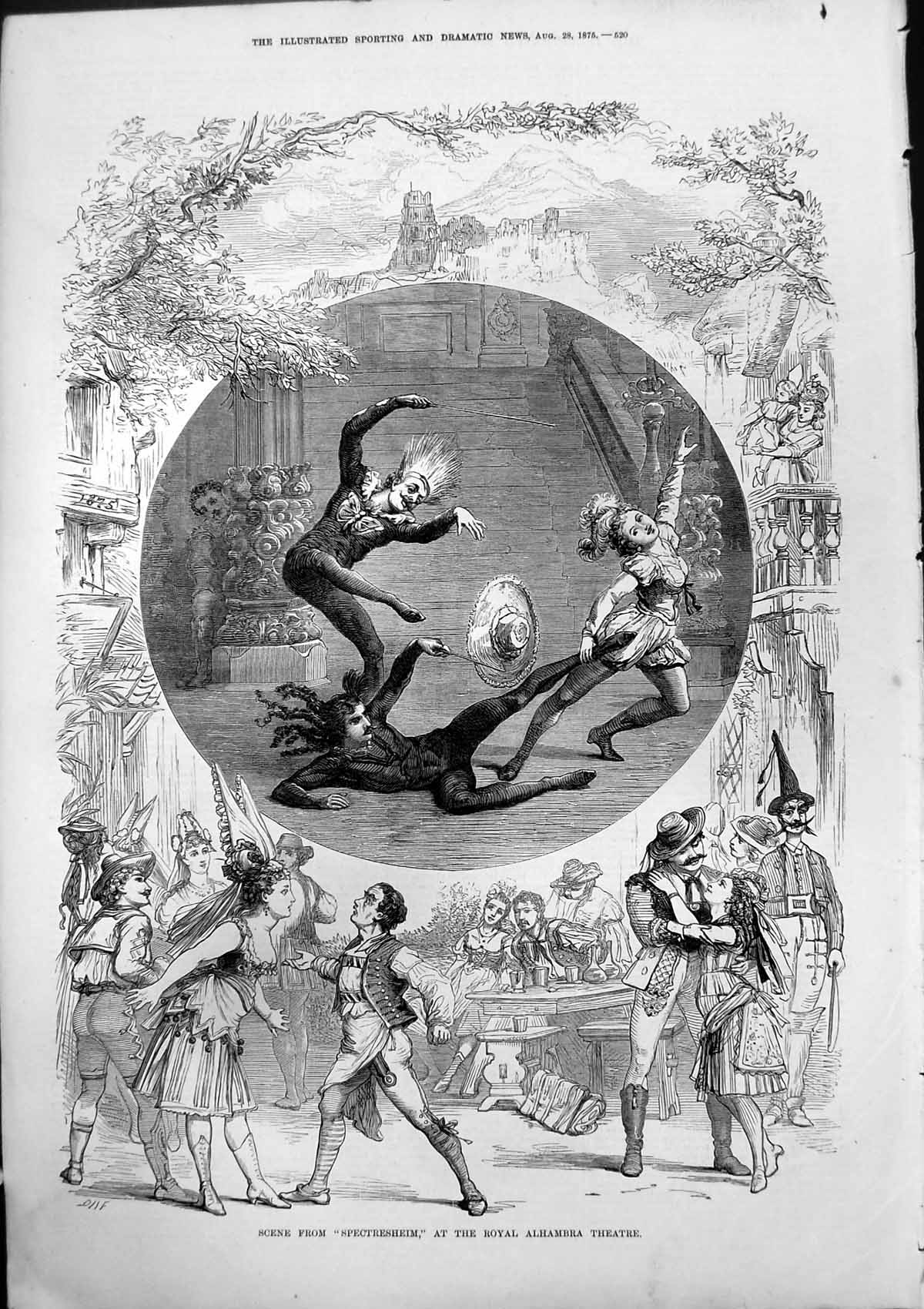 Original Old Antique Print Scene From Spectresheim Royal Alhambra Theatre 1875