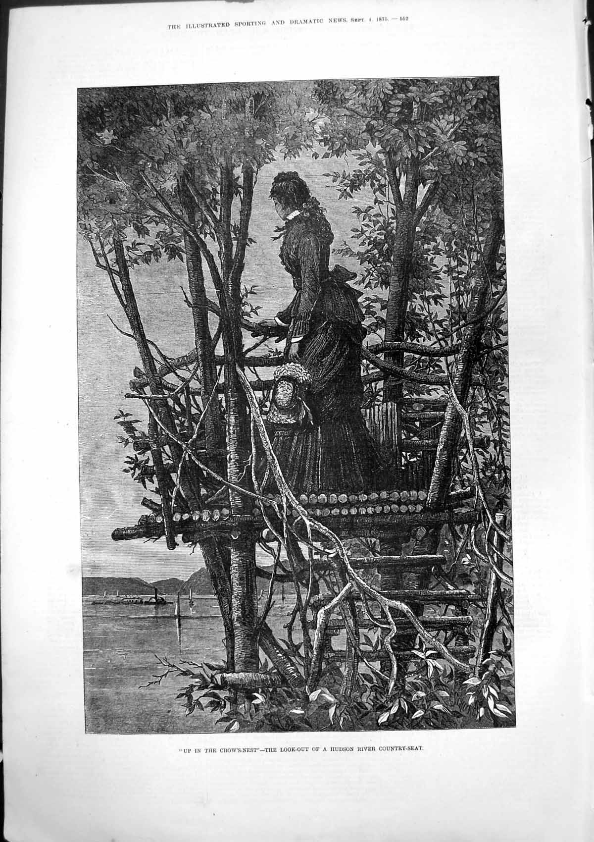 Old Antique Print Up Crows Nest Look Out Hudson River Country Seat 1875 19th