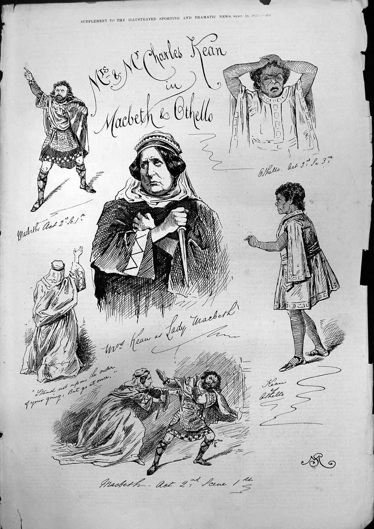 Old Print Mrs Mr Charles Kean Macbeth Othello Mrs Kean Lady Macbeth 1875 19th
