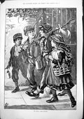 Antique Old Print Off For Days Fishing Three Boys Girl Net Tins Basket 1883
