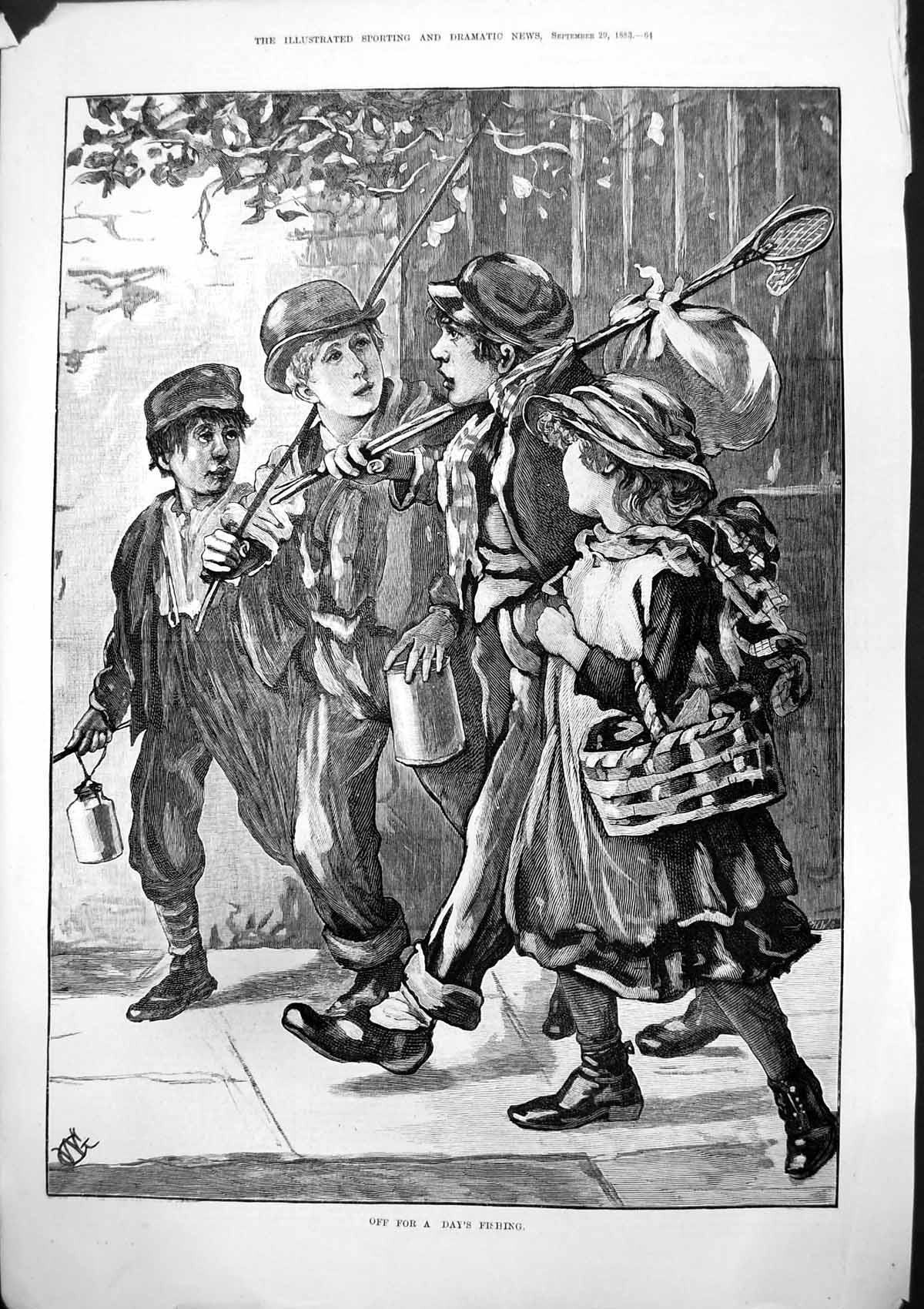 Antique Old Print Off For Days Fishing Three Boys Girl Net Tins Basket 1883