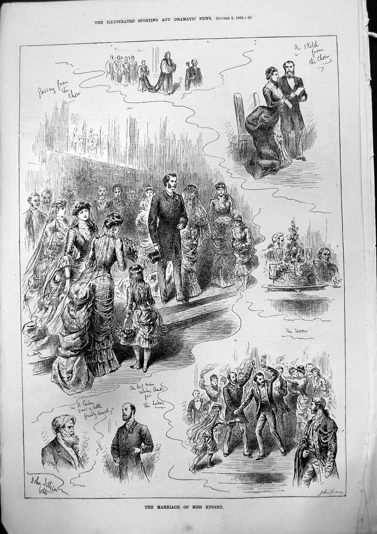 Old Print Marriage Miss Knight Passing Choir Best Man Thanks Ladies 1883 19th