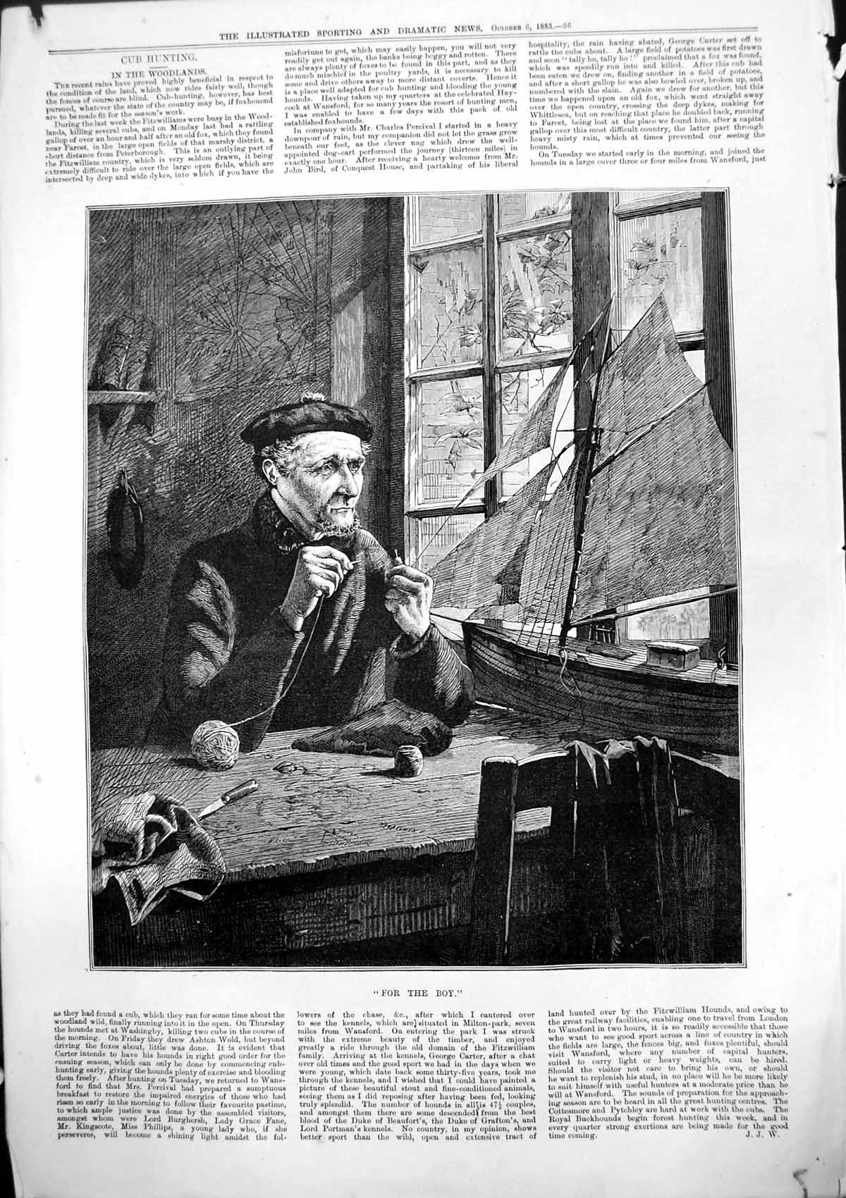 Antique Print For The Boy Man Beret Window Threading Needle Wool Ship 1883 19th