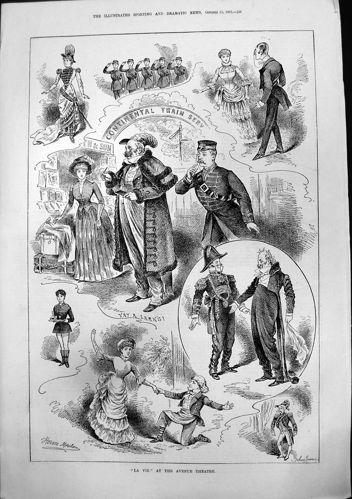 Antique Old Print La Vie Avenue Theatre Horace Morehen Continental Train 1883