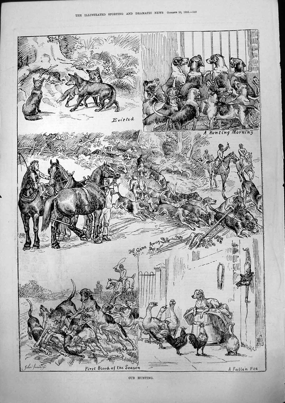 Antique Old Print Cub Hunting John Swain Fallen Foe First Blood Season 1883