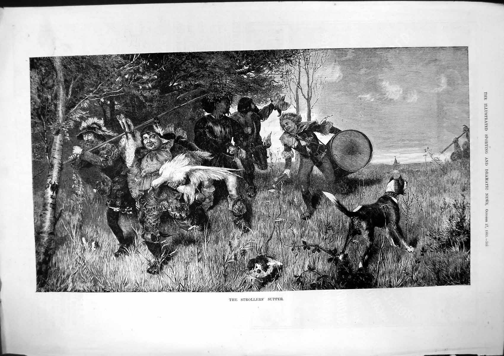Original Old Antique Print Strollers Supper Caught Animal Goose Dog Drum 1883