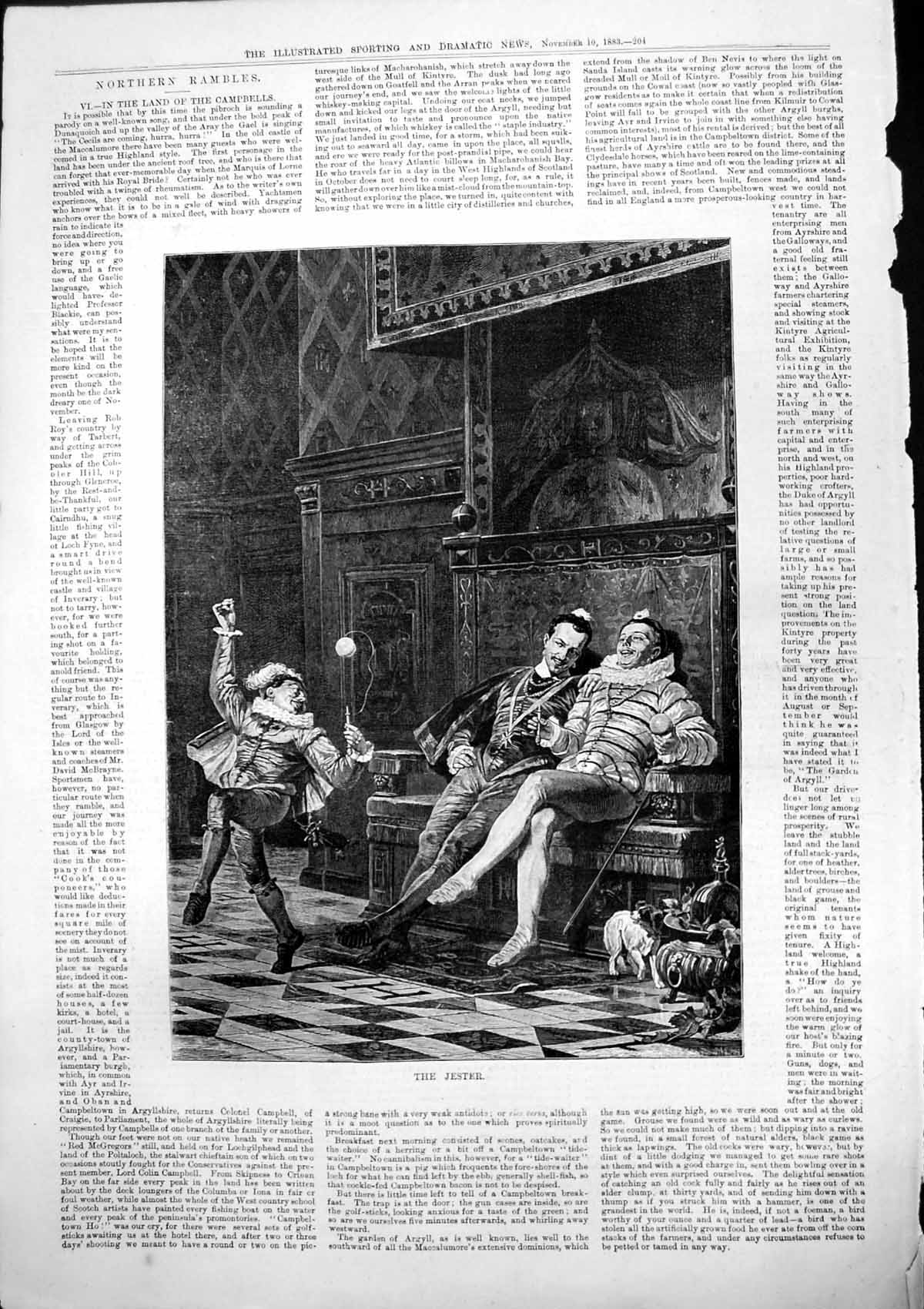 Old Print Jester Playing Ball Two Men Sitting Seat Stately Home Dog 1883 19th