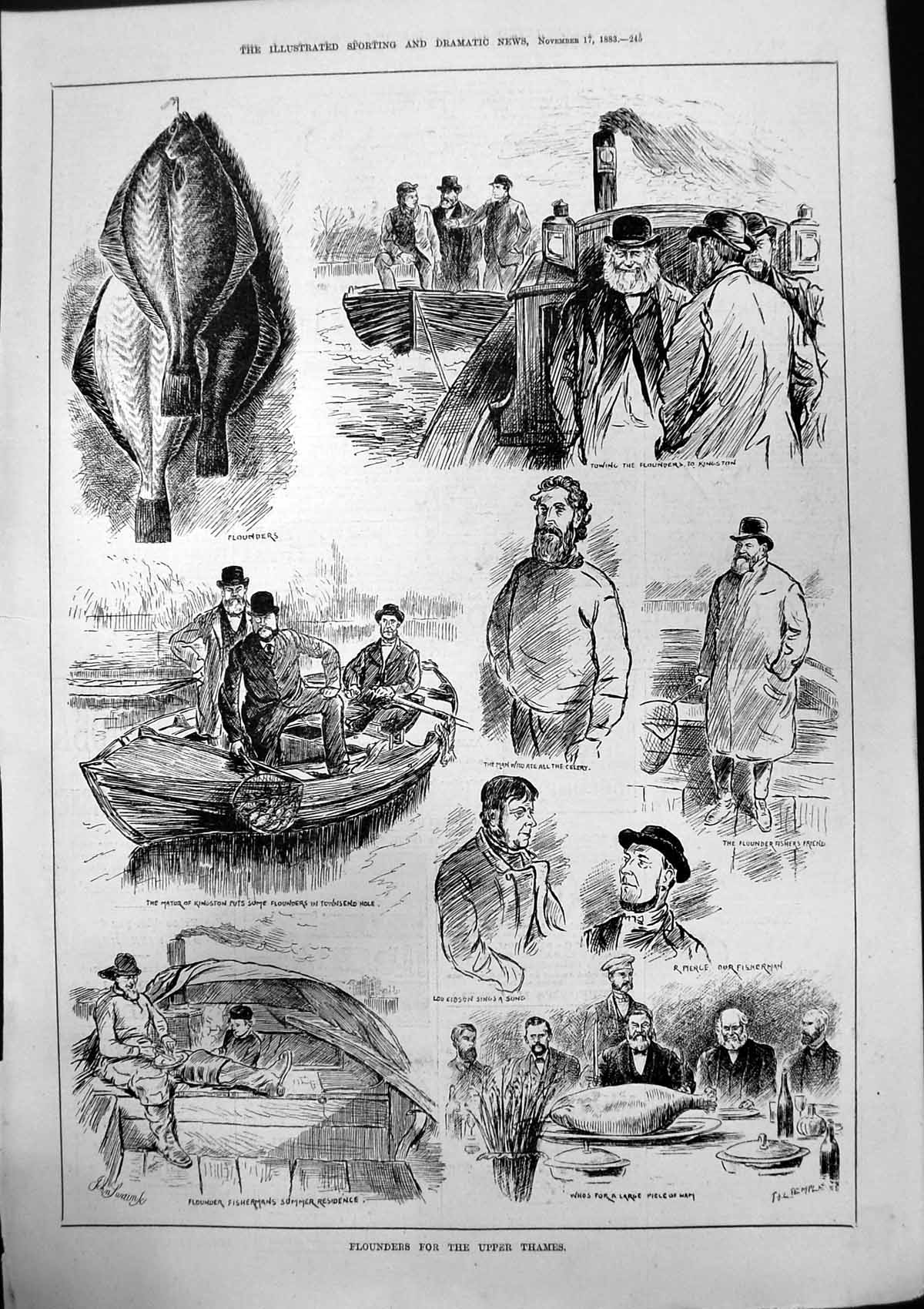 Antique Old Print Flounders For Upper Thames Towing Kingston Fisherman 1883