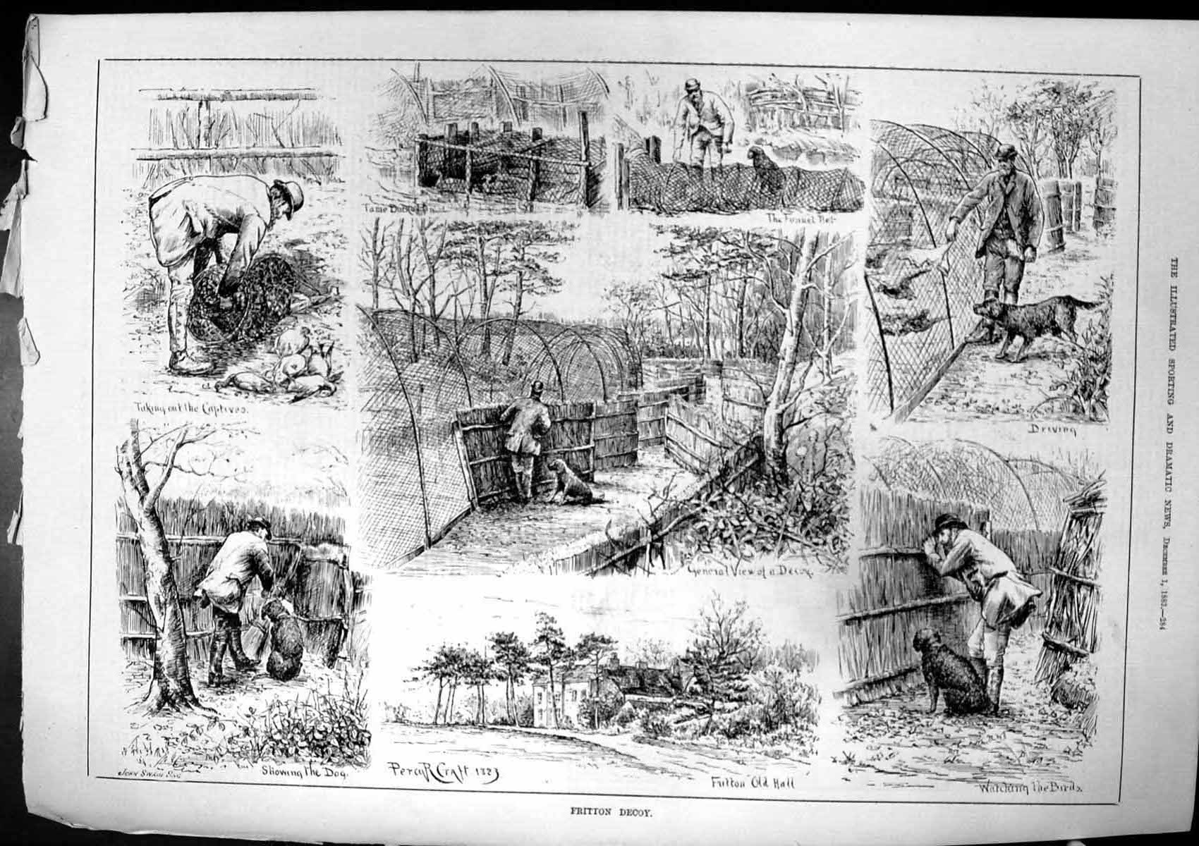 Antique Old Print Fritton Decoy View Decoy Watching Birds Showing Dog 1883 19th
