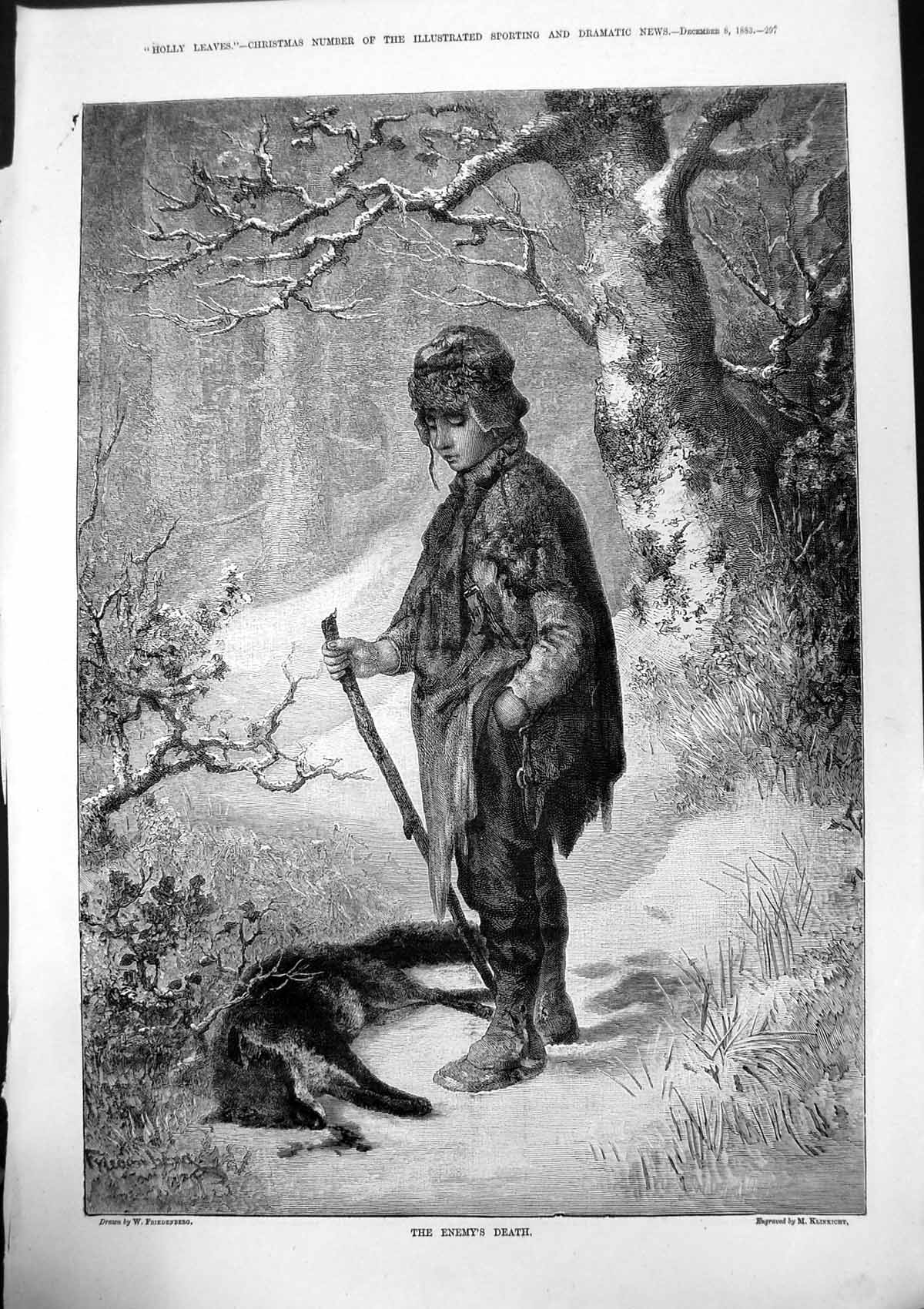 Antique Old Print Enemys Death W Friedenberg M Klinkicht Boy Dead Fox 1883 19th