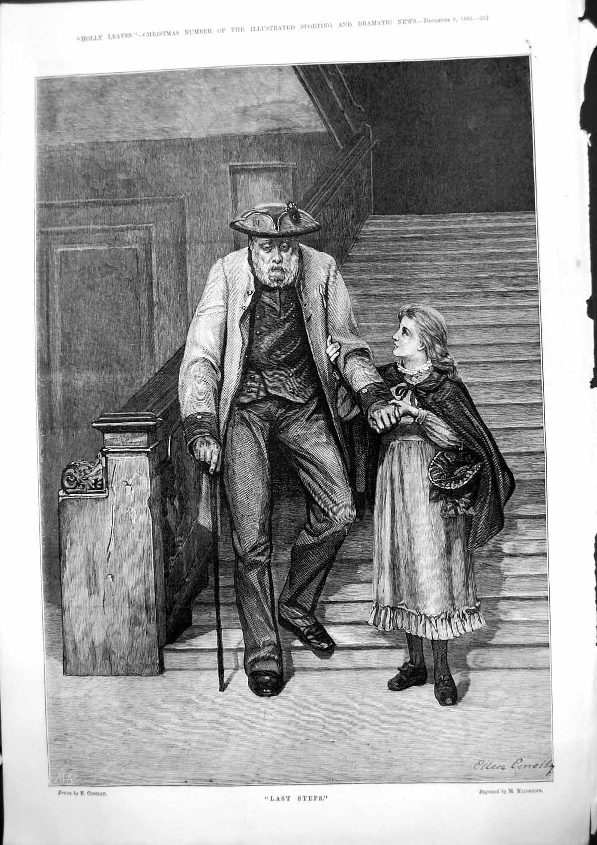 Antique Old Print Last Steps E Conolly Woman Helps Man Beard Down Steps 1883