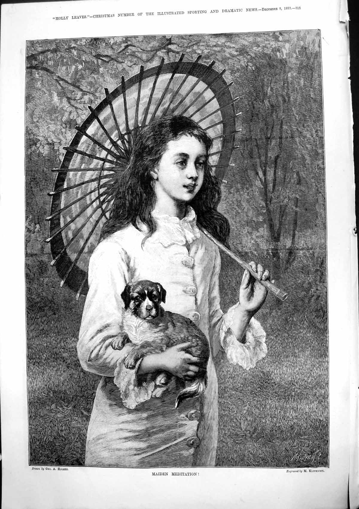 Antique Old Print Maiden Meditation Geo Holmes Girl Parasol Hing Puppy 1883