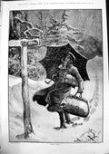 Old Print Dinner Time F Barnard Man Luggage Umbrella Snowstorm Cross 1883 19th