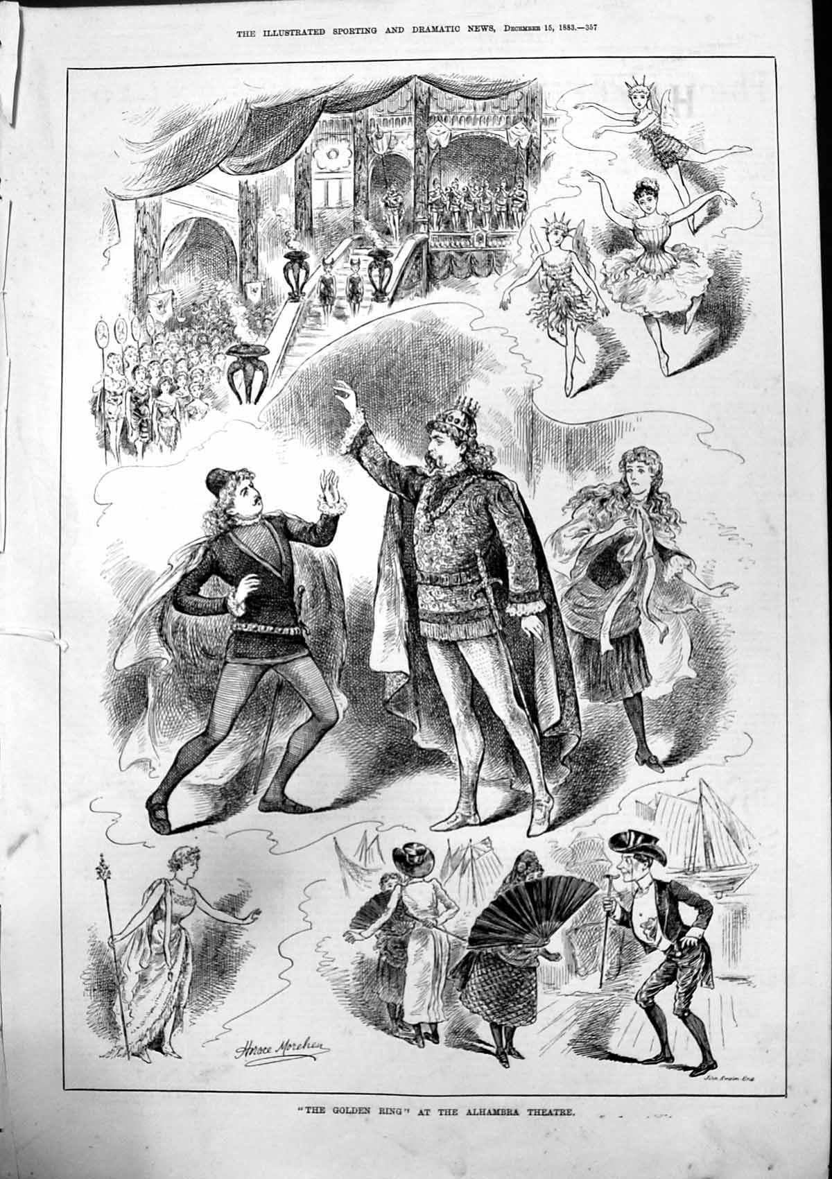 Original Old Antique Print Gen Ring Alhambra Theatre Horace Morehen 1883 19th