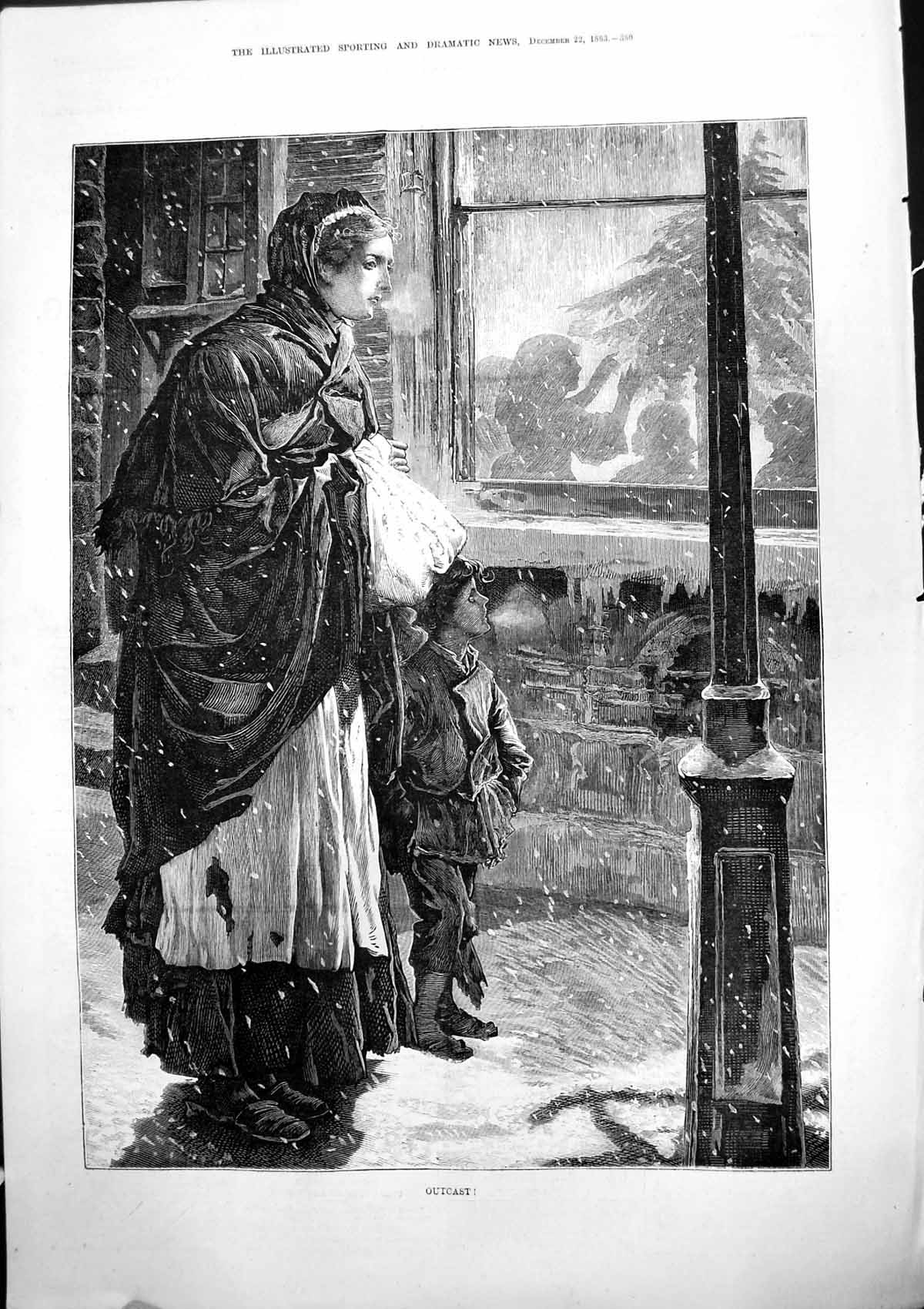 Antique Print Outcast Woman Boy Rags Snow Looking Girl Christmas Tree 1883 19th