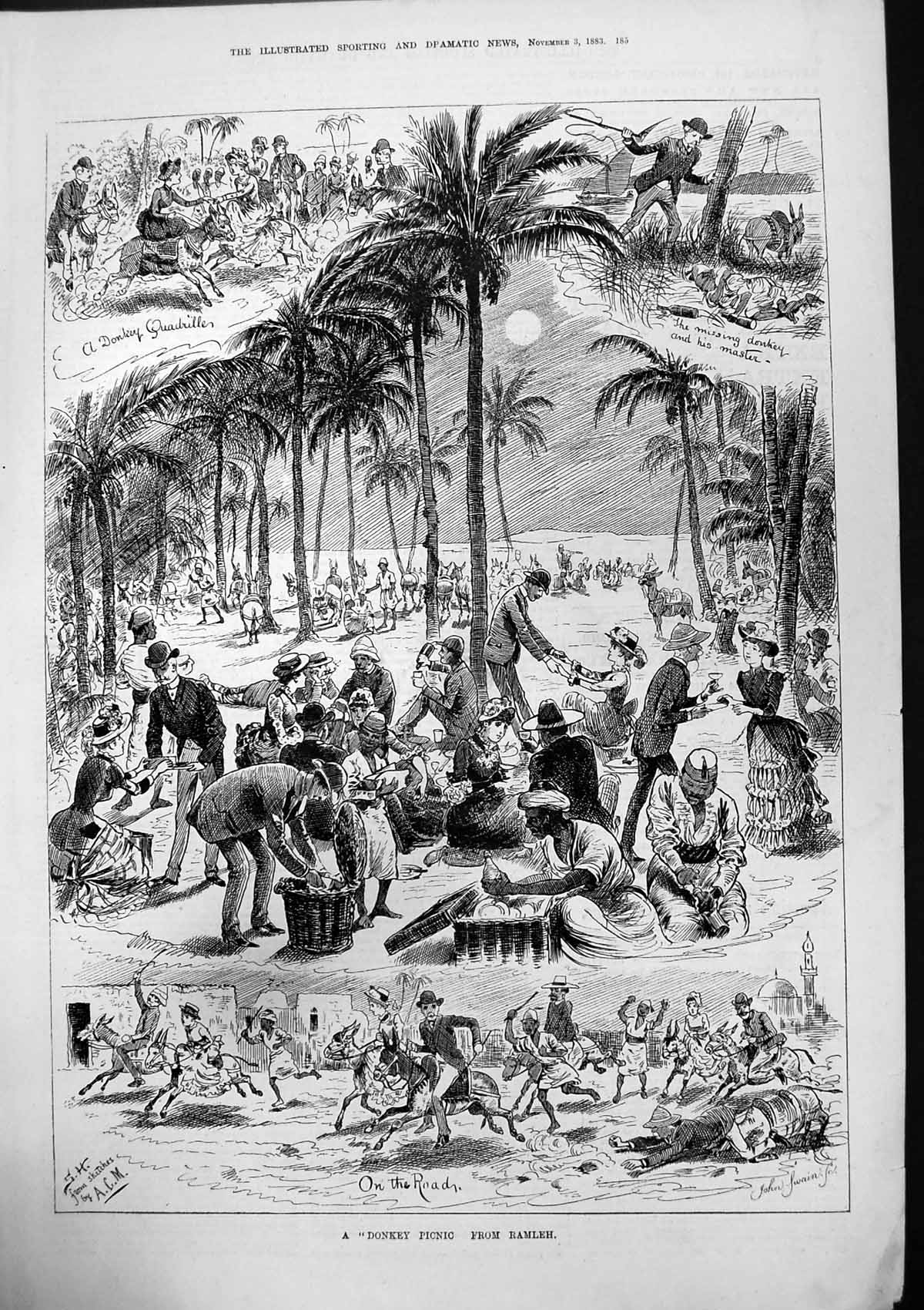 Old Print Donkey Picnic Ramleh Donkey Quadrilles Missing Donkey Road 1883 19th