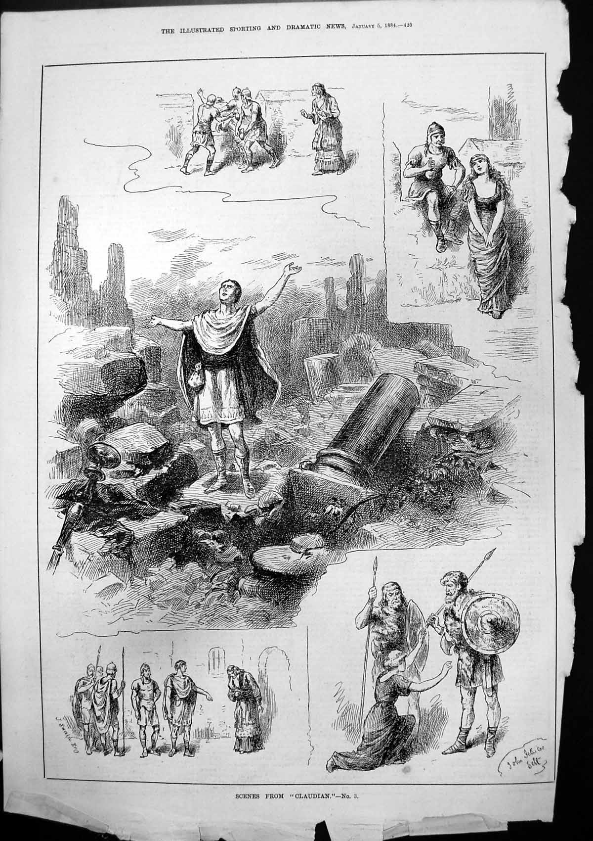 Antique Print Scenes Claudian John Jellicoe Man Surrounded Ruins Lady 1884 19th