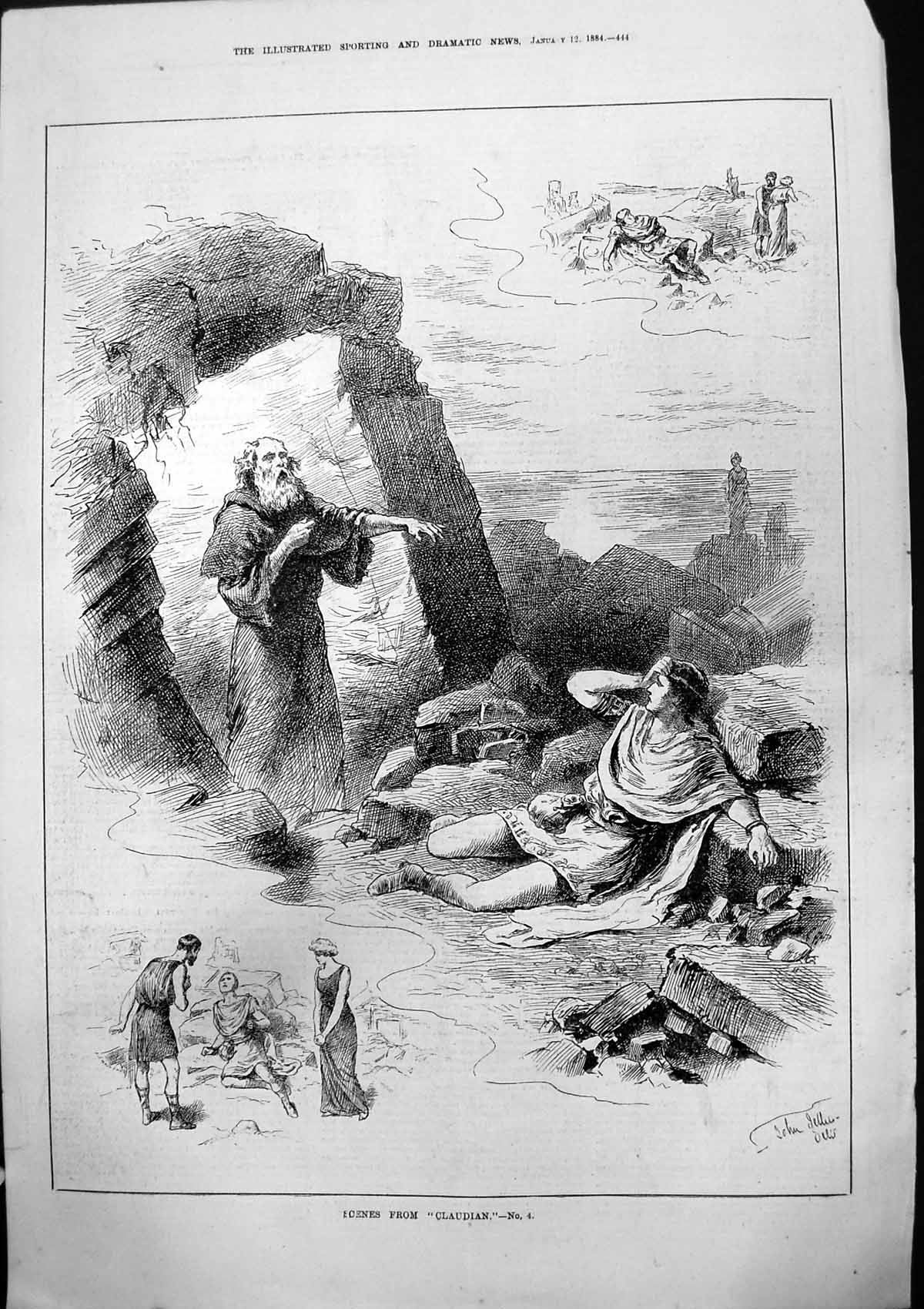 Old Antique Print Scenes Claudian John Jellicoe Man Lying Down Woman 1884 19th
