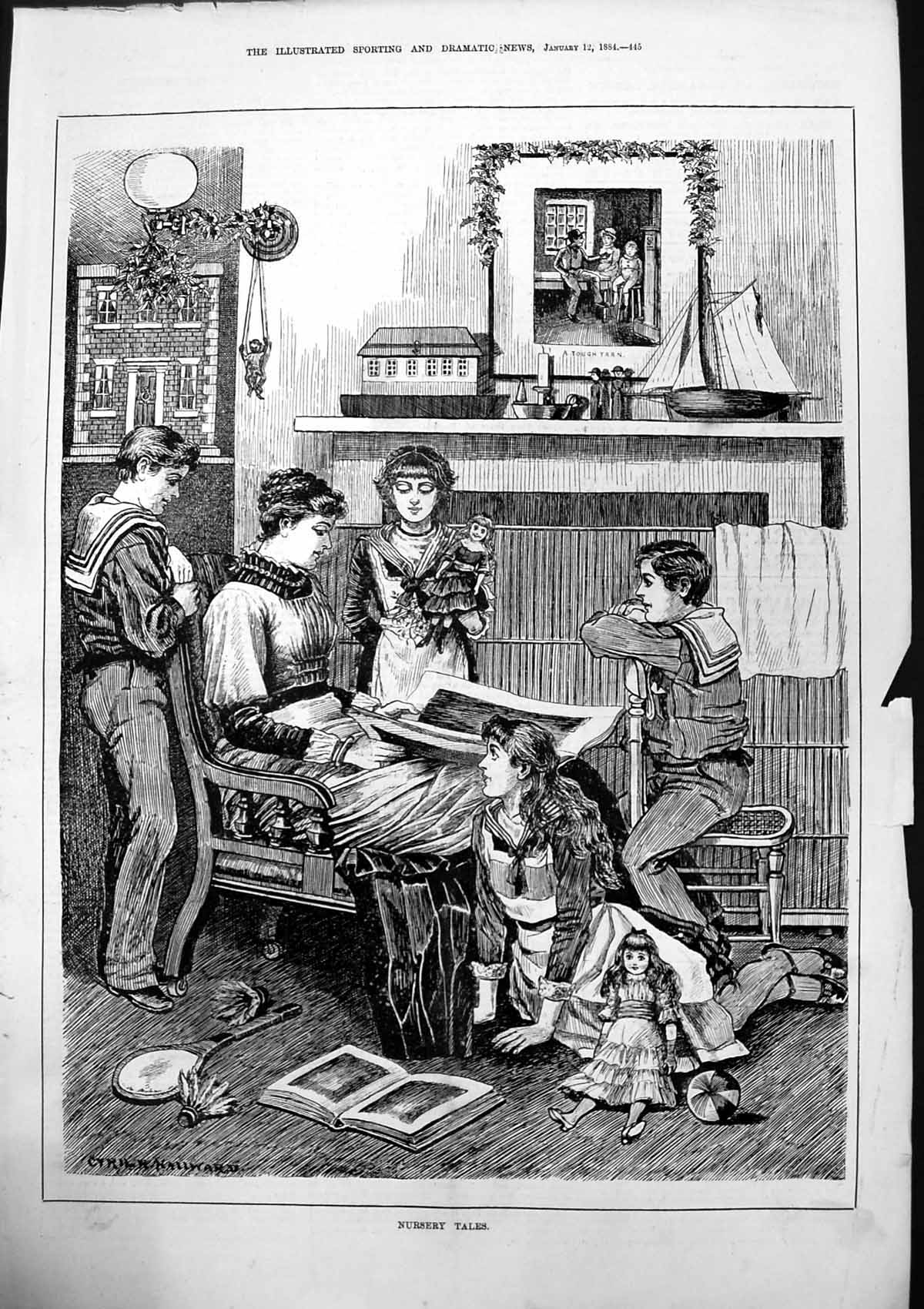 Old Print Nursery Tales Cyril Hallward Children Nursery Maid Mother 1884 19th