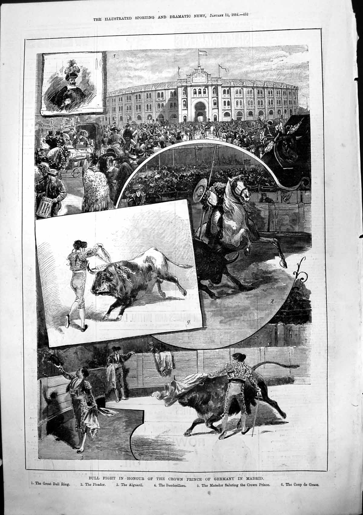 Antique Print Bull Fight Honour Crown Prince Germany Madrid Bull Ring 1884 19th