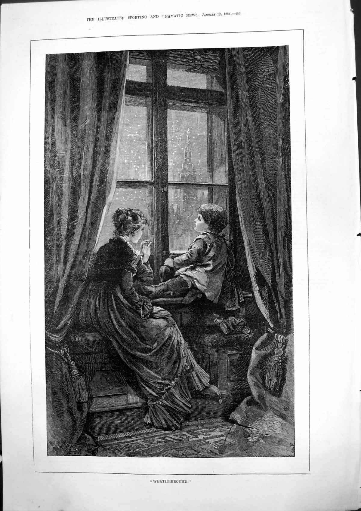 Antique Old Print Weatherbound Woman Boy Window Seat Looking Out Snowing 1884