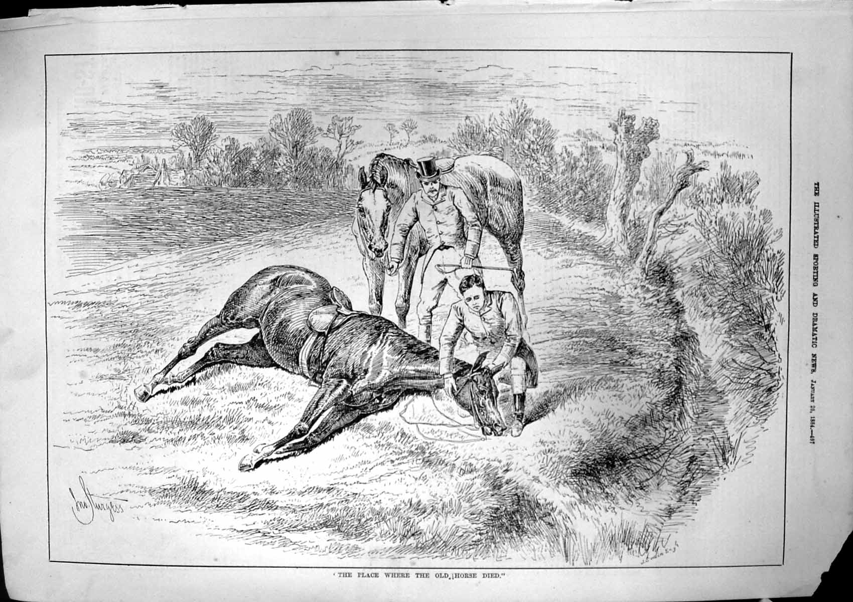 Old Antique Print Place Where Horse Died J Sturgess Rider Distressed 1884 19th