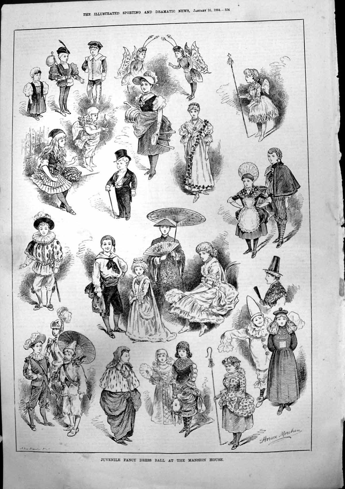 Antique Old Print Juvenile Fancy Dress Ball Mansion House Horace Morehen 1884