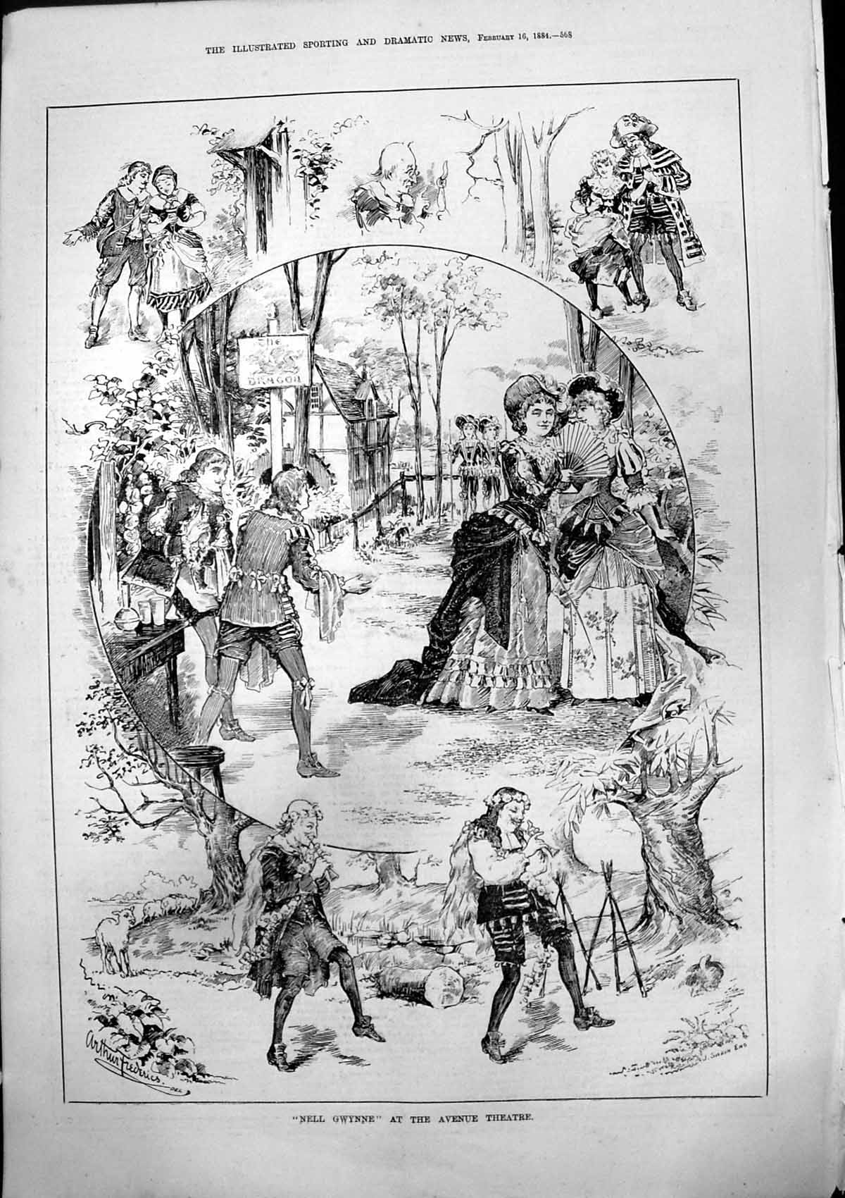 Old Antique Print Nell Gwynne Avenue Theatre Arthur Frederics Dragon 1884 19th