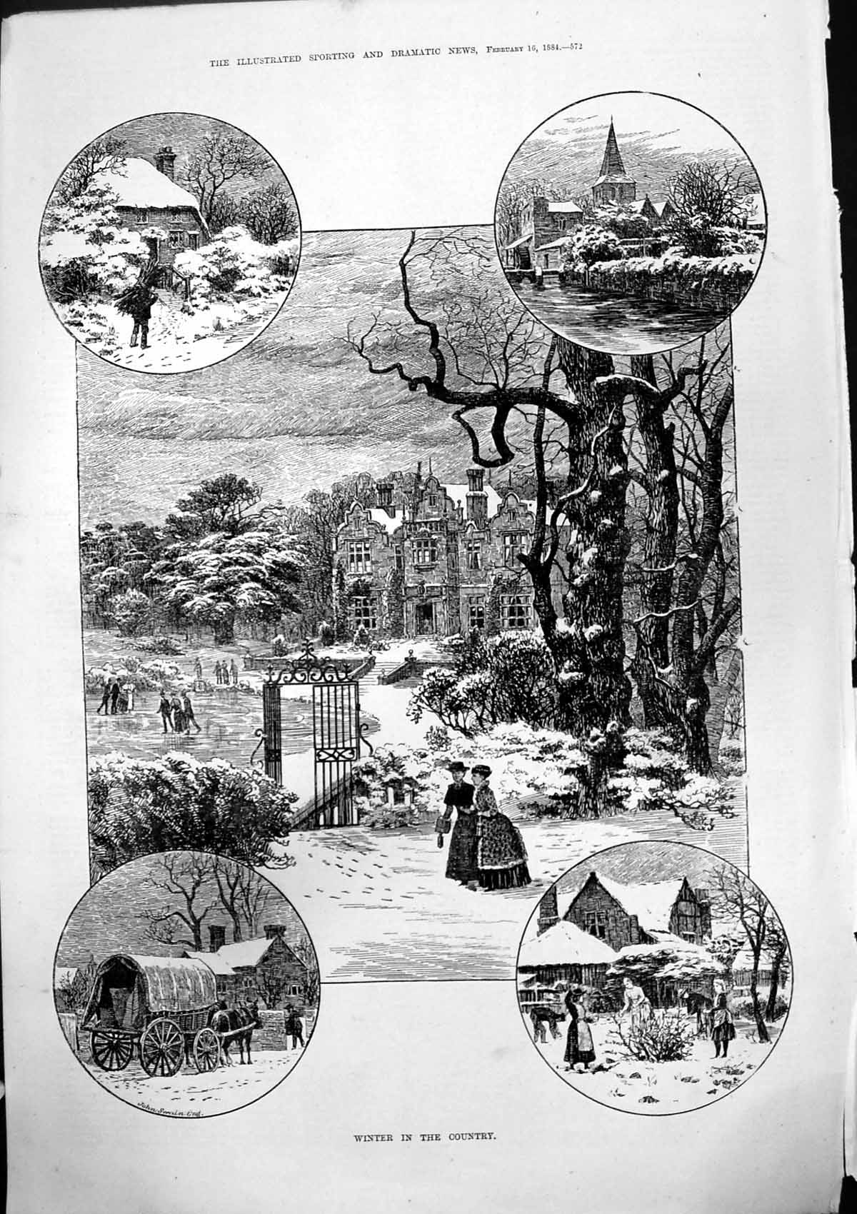 Antique Print Winter Country John Swain Mansion House Skating Ice Snow 1884
