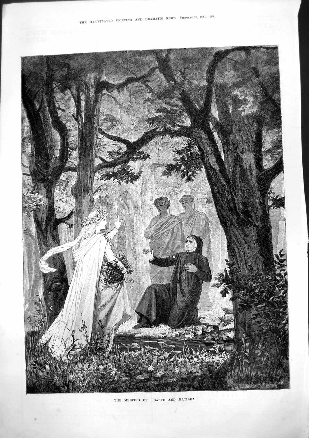 Antique Old Print Meeting Dante And Matilda Forest Two Men Background 1884 19th