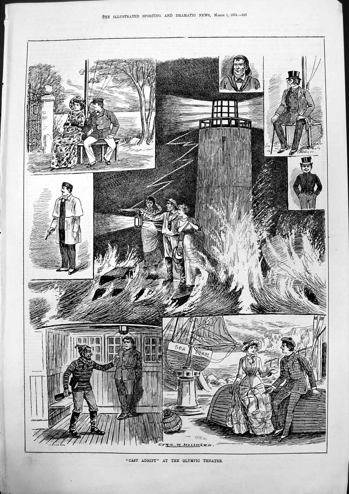 Antique Print Cast Adrift Olympic Theatre Cyril Hallward Sea Foam Boat 1884