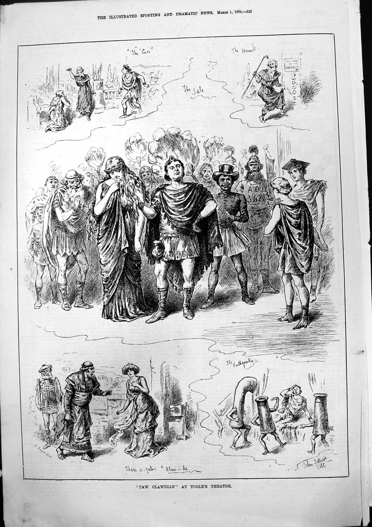 Old Print Paw Clawdian Tooles Theatre John Jellicoe Hermit Eartquake 1884 19th