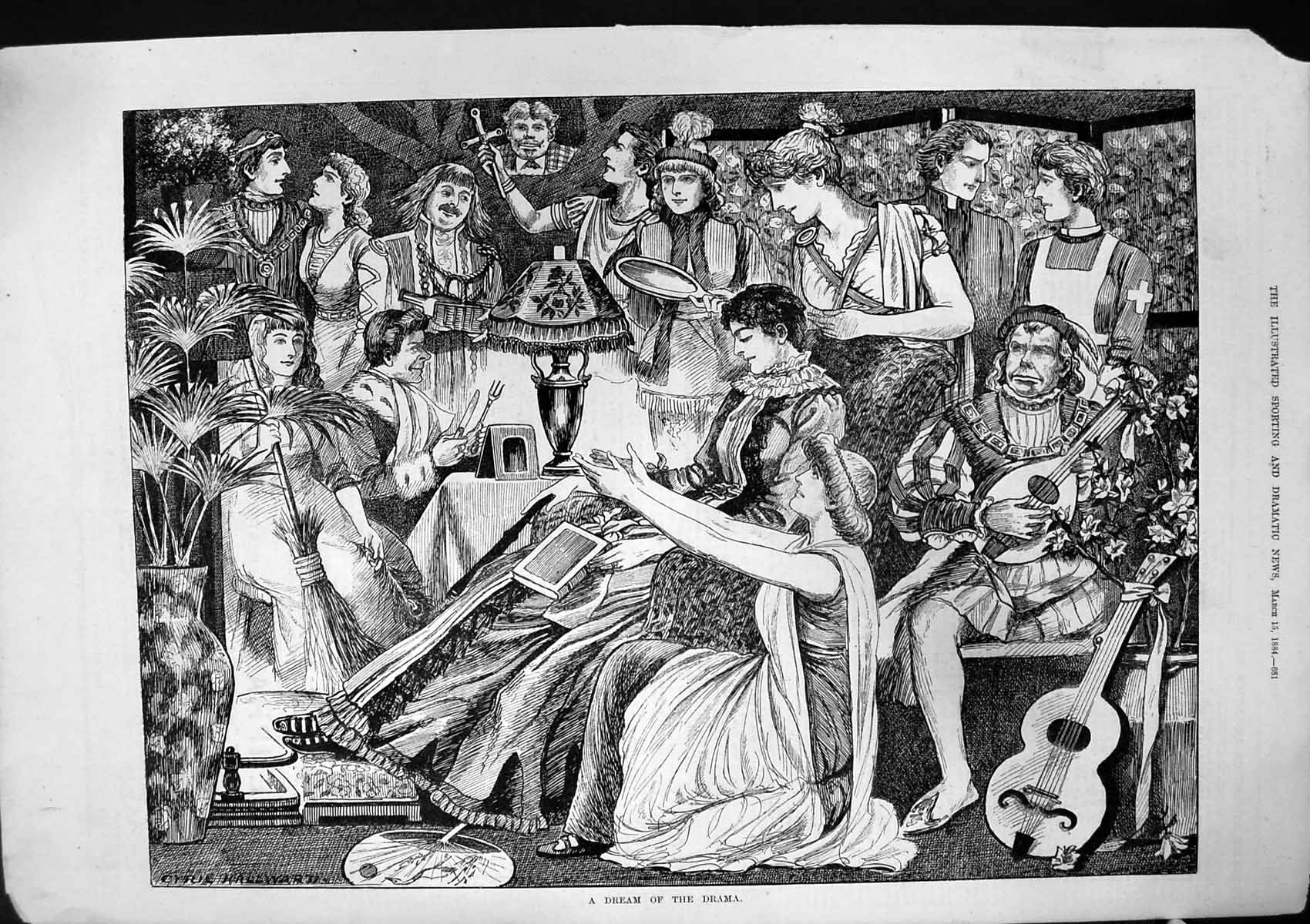 Old Antique Print Dream Drama Cyril Cyril Hallward Couple Musicians 1884 19th