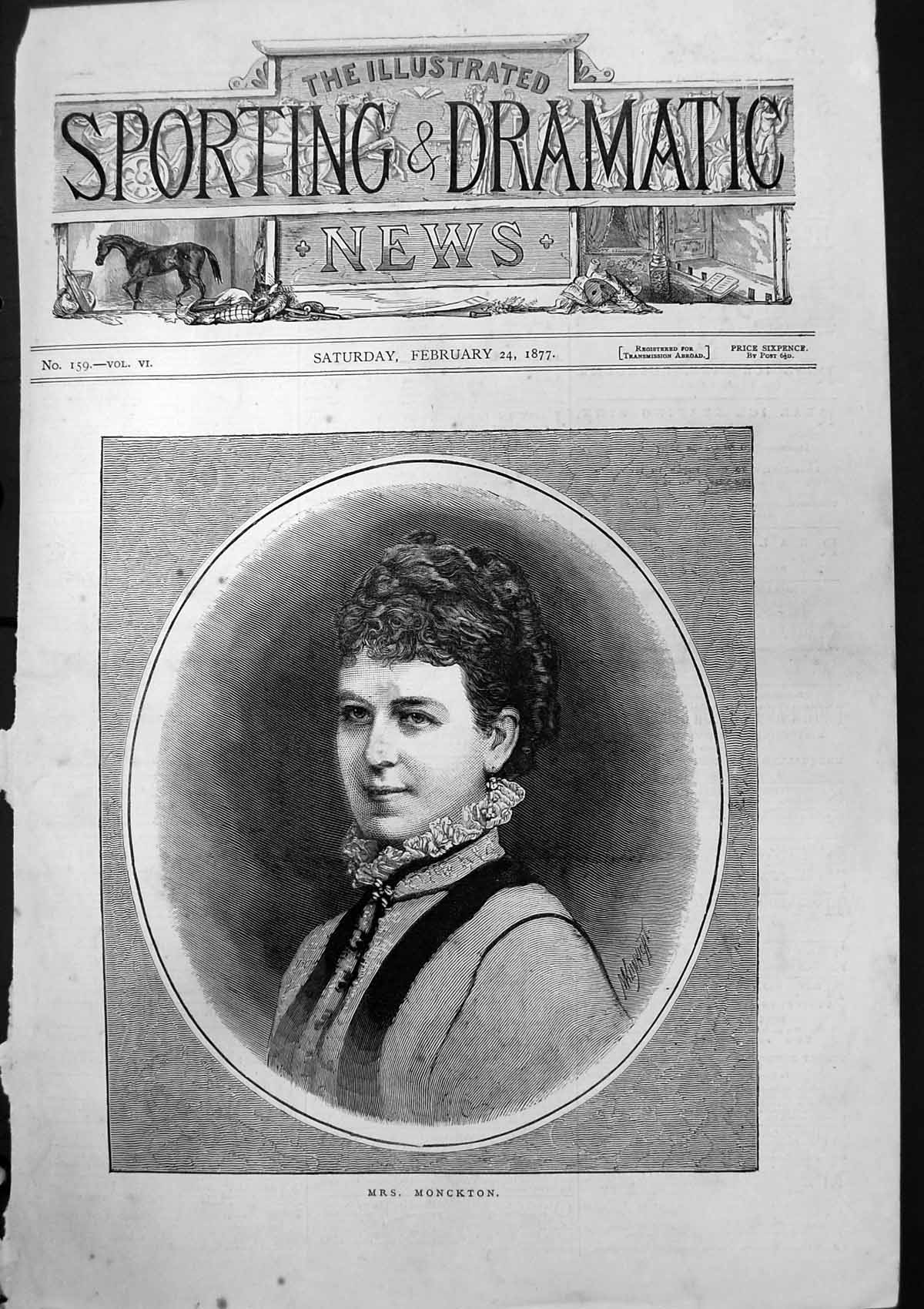 Original Old Antique Print Mrs Monckton Portrait Lady 1877 19th