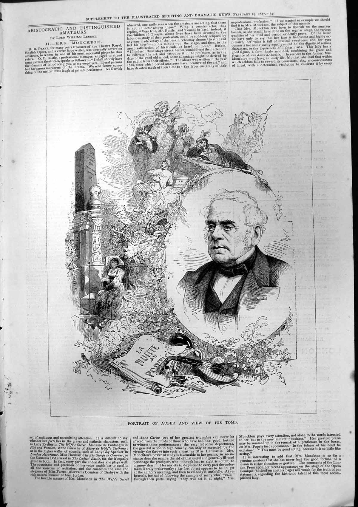 Old Antique Print Portrait Auber View His Tomb La Muette De Portici 1877 19th