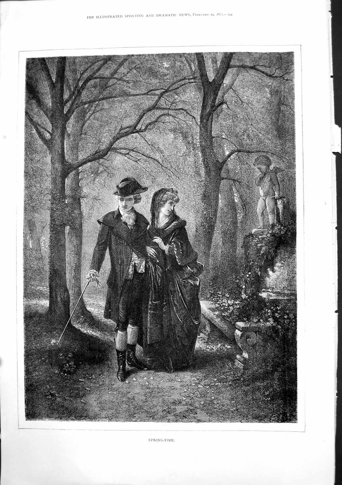 Old Spring Time Couple Strolling Arm In Arm Forest Garden Cherub 1877 Victorian