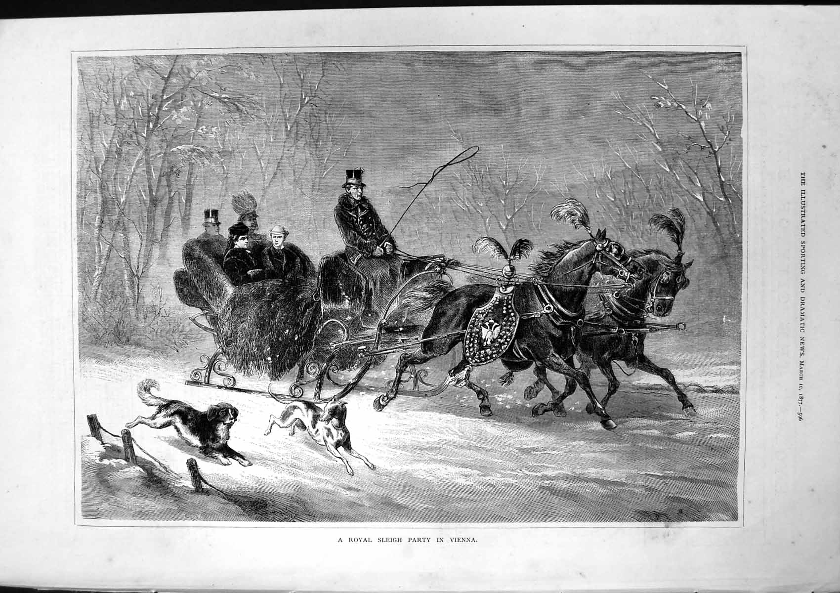 Antique Old Print Royal Sleigh Party Vienna Horses Rider Dogs Royalty 1877 19th